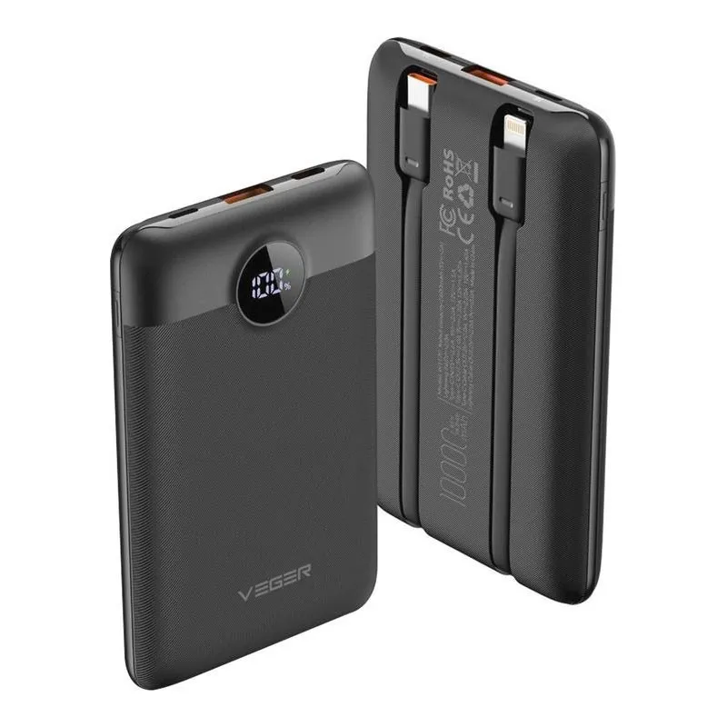 Cargador Powerbank Veger C11 10000MAH Small 22W Vg-w1170 With Cables Built Black