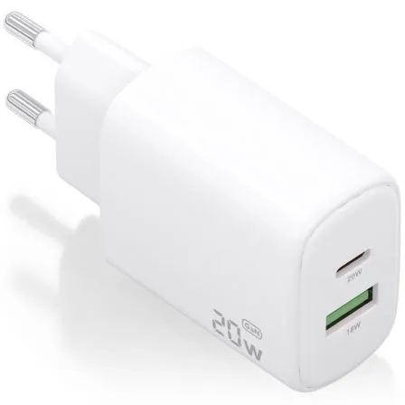 CARGADOR GaN 20W 1xUSB-C PD3.0 1xUSB-A QC3.0 BLANCO AISENS A110-0909