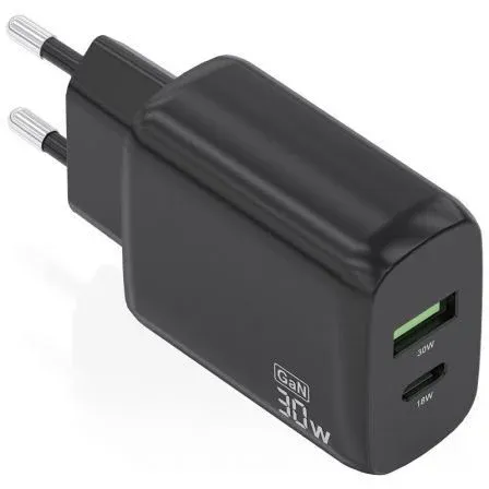 CARGADOR GAN 30W 1xUSB-C PD3.0 QC4.0 1xUSB-A QC3.0 NEGRO AISENS A110-0924