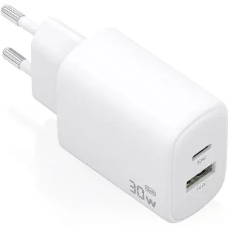 Cargador de Pared GaN Aisens A110-0977/ 1xUSB Tipo-C/ 1xUSB/ 30W/ Blanco