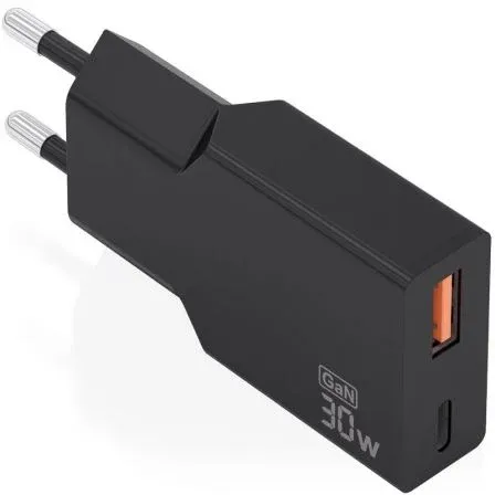 Cargador GAN ULTRA Delgado 30W Usb-c Usb-a Pd3.0 Qc4.0 Negro Aisens A110-1005