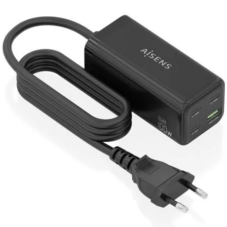 CARGADOR SOBREMESA GaN 100W 3USB-C PD3.0 USBA QC3 NEGRO AISENS ASCH-100W4P054-BK
