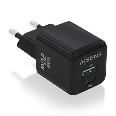 CARGADOR GaN 20W 1xUSB-C PD3.0 QC4.0 1xUSB-A QC3.0 NEGRO AISENS ASCH-20W2P011-BK