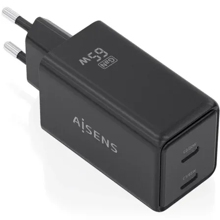 CARGADOR GaN 65W 2xUSB-C PD3.0 QC4.0 NEGRO AISENS ASCH-65W2P079-BK