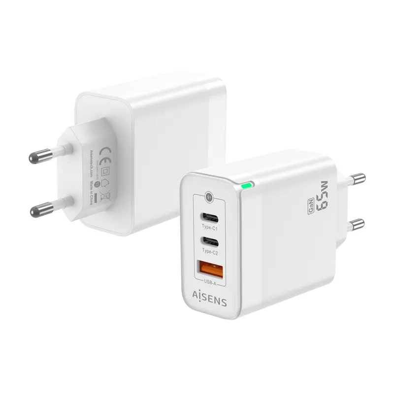 CARGADOR GaN 65W 2xUSB-C PD3.0 QC4.0 1xUSB-A QC3.0 BLANCO AISENS ASCH-65W3P007-W - foto 2