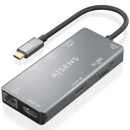Dock Aisens Usbc A 2hdmi-rj45-2usb3.0a-usb2.0a-usbc-sd-micrsd 15CM Asuc-9p018-gr