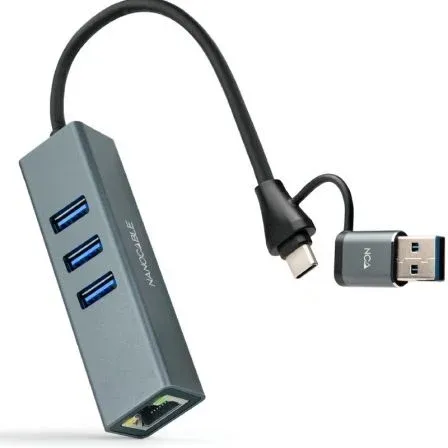CONVERSOR USB-C A RJ45 CON Adaptador 3XUSB-A/M 100MBPS 15 CM GRIS NANOCABLE 10.03.0412