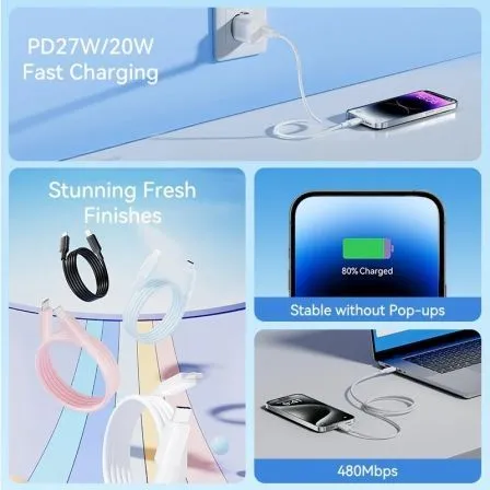 Cable USB 2.0 Tipo-C Lightning Vention LAKWF/ USB Tipo-C Macho - Lightning Macho/ Hasta 27W/ 480Mbps/ 1m/ Blanco - foto 3