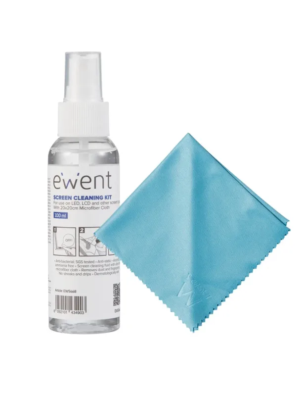 KIT DE LIMPIEZA DE PANTALLAS EWENT EW5668 100ML C/PAÃ‘O DE MICROFIBRA 20X20CM
