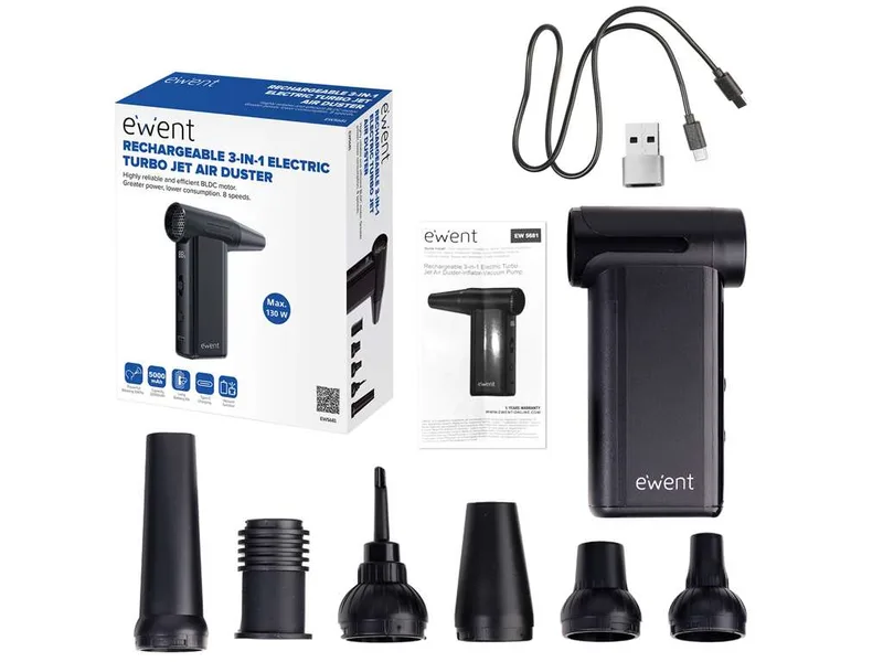 INFLADOR/VACIADOR EWENT EW5681 DE AIRE 8 VELOCIDADES 130000RPM BATERIA RECARGABLE 5000MAH - foto 2