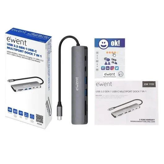 HUB EWENT EW1152 USB-C 7 EN 1 HDMI 4K/USB-C/2USB-A/LECTOR TARJETAS SD Y MIROSD