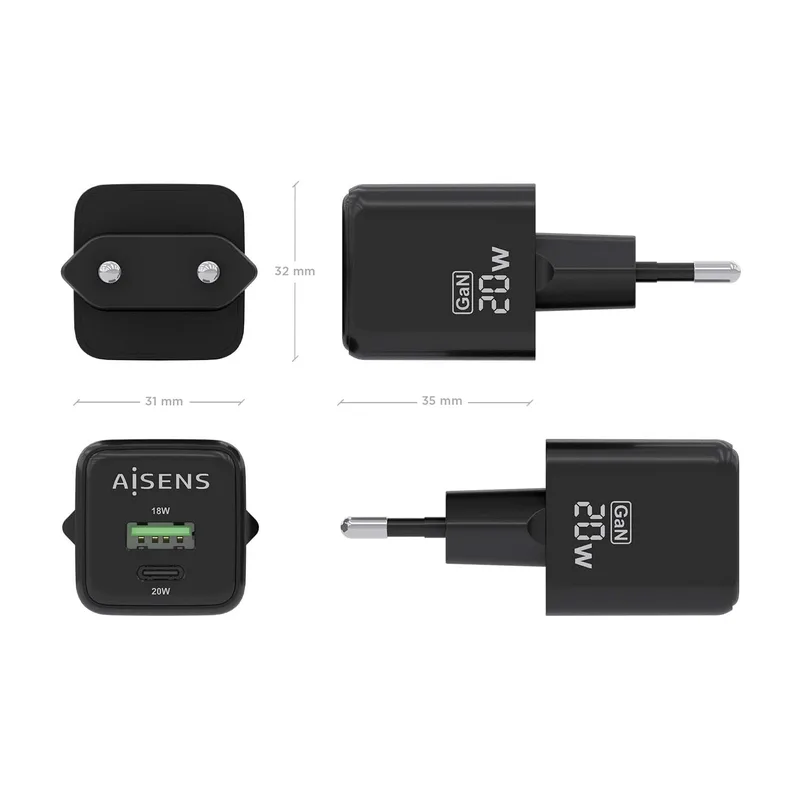 CARGADOR USB PARED AISENS GAN 20W USB-C PD3.0 NEGRO