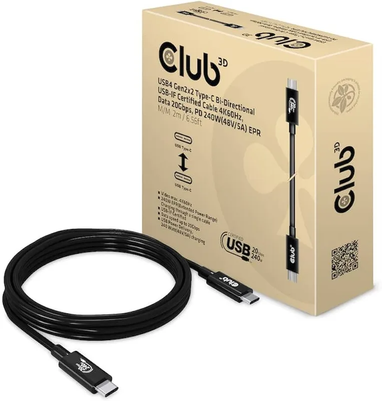 CABLE USB4 CLUB 3D CERTIFICADO TYPE-C 4K60HZ DATA 20GBPS PD 240W(48V/5A) EPR M/M 2M