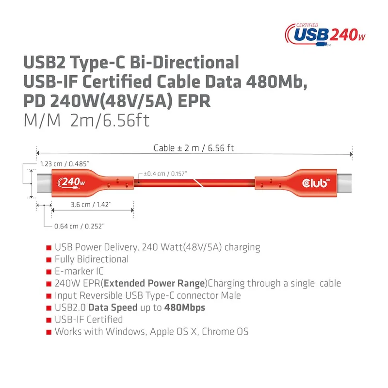 Club-3d Cable Usb2 Type-c Club 3D Certificado Data 480MB PD 240w(48v/5a) EPR M/m 1M - foto 4