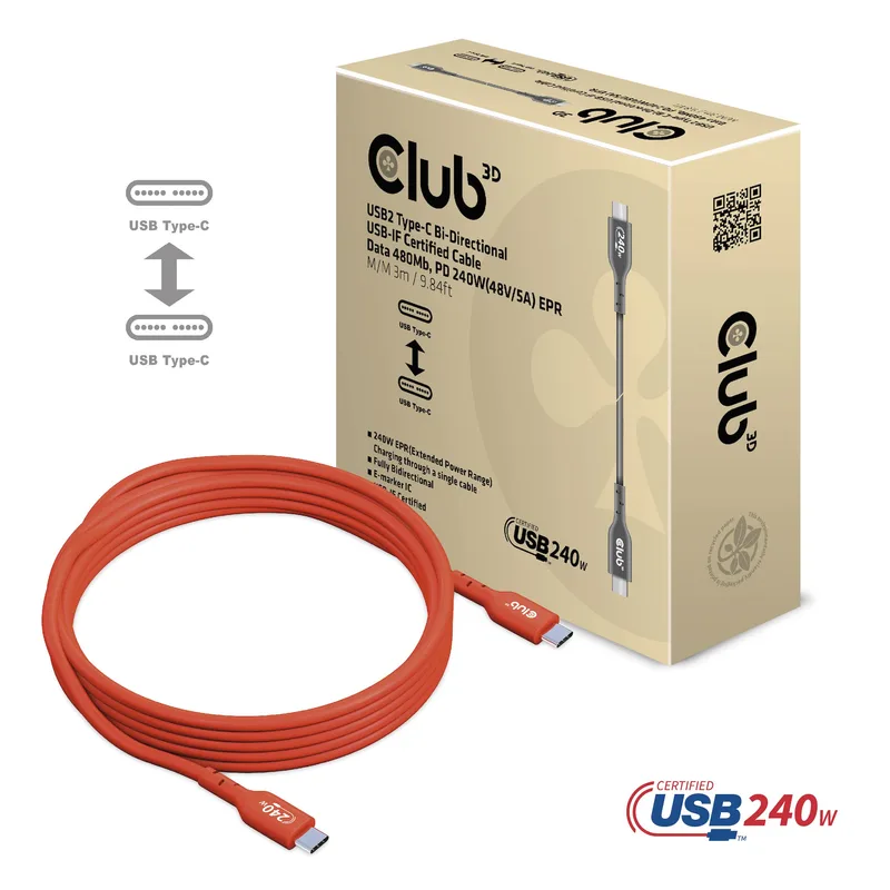 CABLE USB2 TYPE-C CLUB 3D CERTIFICADO DATA 480MB PD 240W(48V/5A) EPR M/M 3M