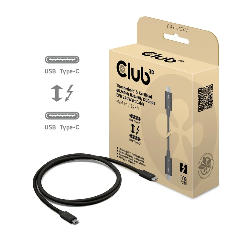 CABLE CLUB 3D THUNDERBOLT 5 CERTIFICADO 8K240HZ DATA 20GBPS PD 240W(48V/5A) EPR M/M 2M/6.56FT