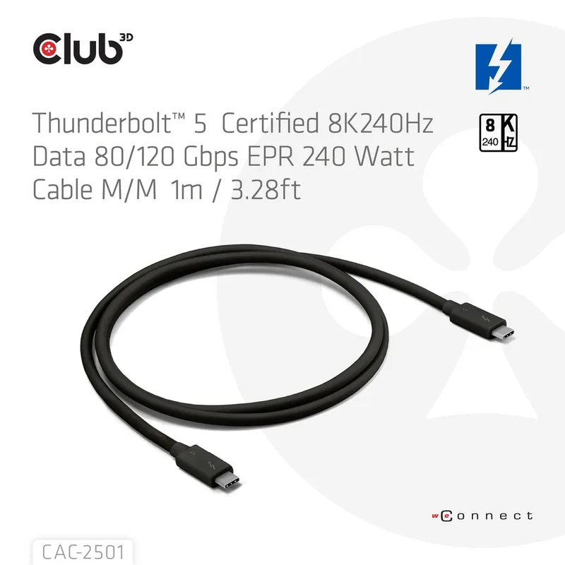 Club-3d Cable Club 3D Thunderbolt 5 Certificado 8k240hz Data 20GBPS PD 240w(48v/5a) EPR M/m 2m/6.56ft - foto 3