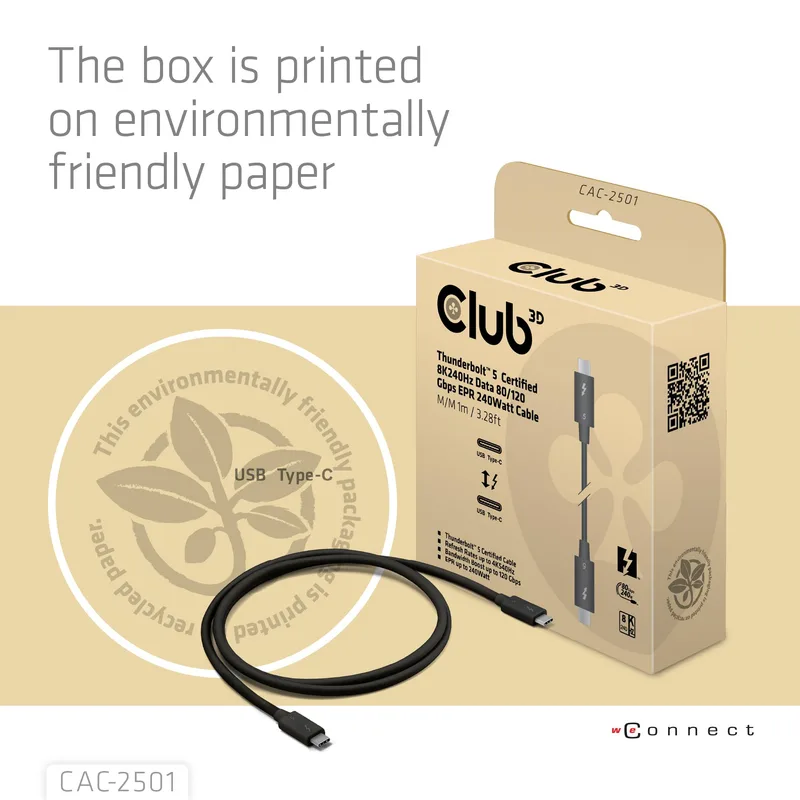 Club-3d Cable Club 3D Thunderbolt 5 Certificado 8k240hz Data 20GBPS PD 240w(48v/5a) EPR M/m 2m/6.56ft - foto 4