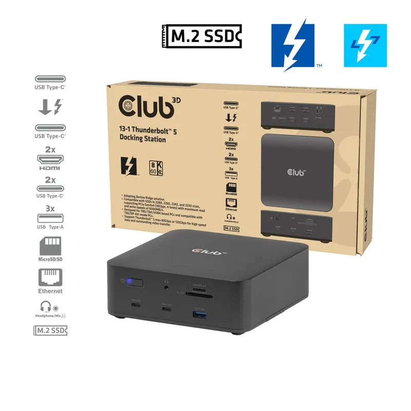 DOCKING CLUB 3D THUNDERBOLT 5 13-1 SSD M.2 2x HDMI 8K60HZ 180W